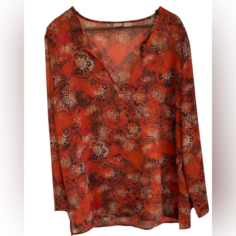 Wear It long sleeve semi- sheer fall print blouse women XL